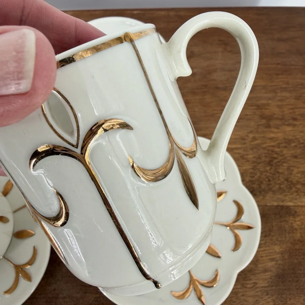 VTG 90s PartyLite Tea For Two Candle Holder Porcelain Teapot 2 Saucers Gold Trim - Picture 11 of 14